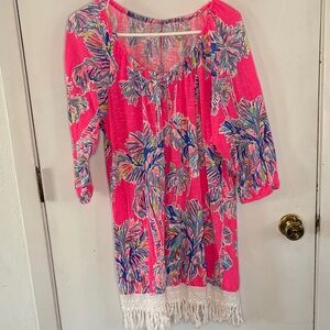 Lilly Pulitzer Alia Nice Stems pink palm tree swimsuit coverup fringe Sz XL